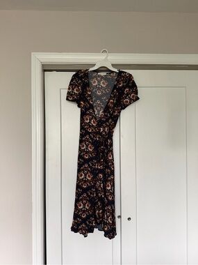 Wayf Navy Floral Midi Wrap Dress with Rust & Cream Accents